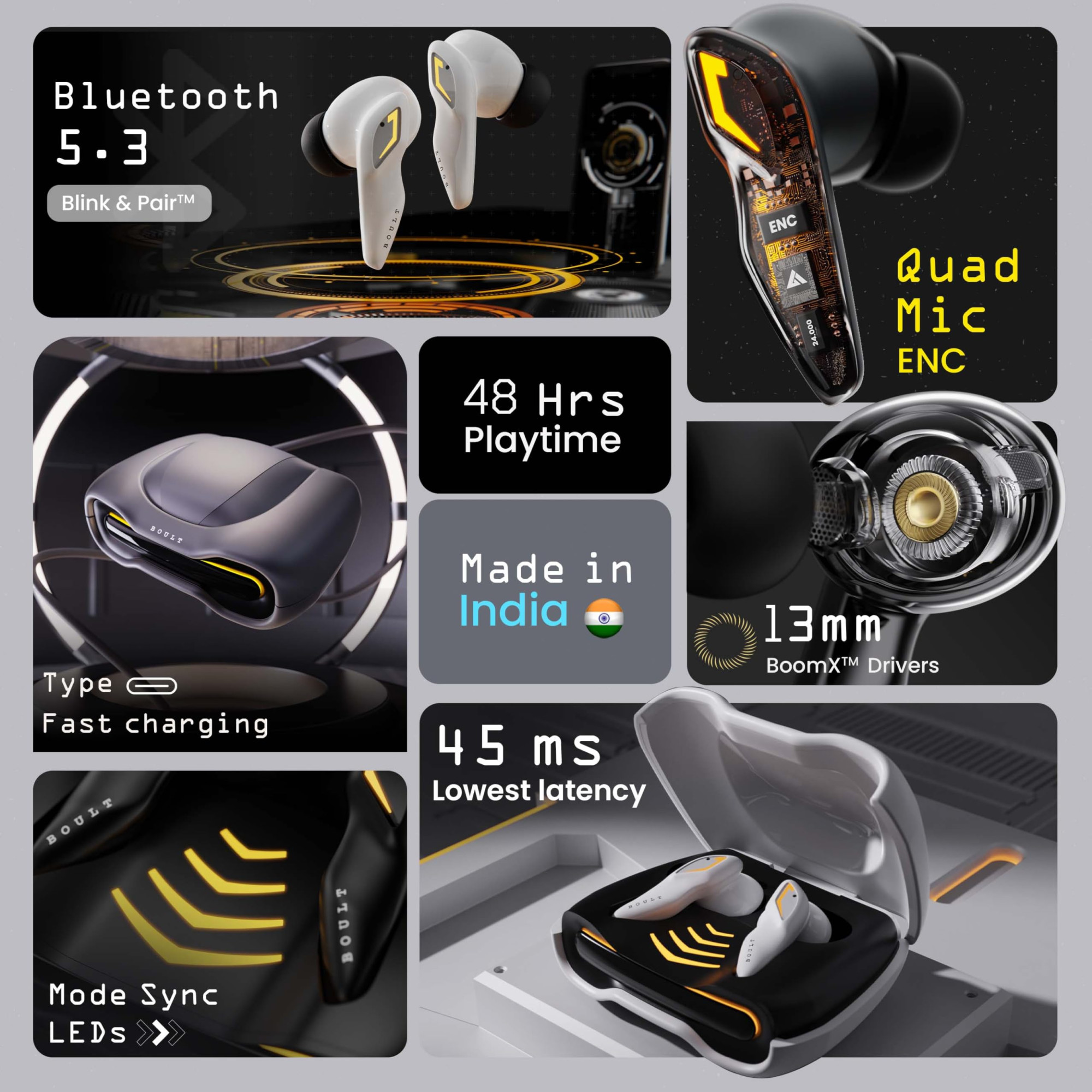 Boult Audio UFO Truly Wireless in Ear Earbuds with 48H Playtime Built-in App Support 45ms Low Latency Gaming 4 Mics ENC Breathing LEDs 13mm Bass Drivers Ear Buds TWS Made in India Black Gloss
