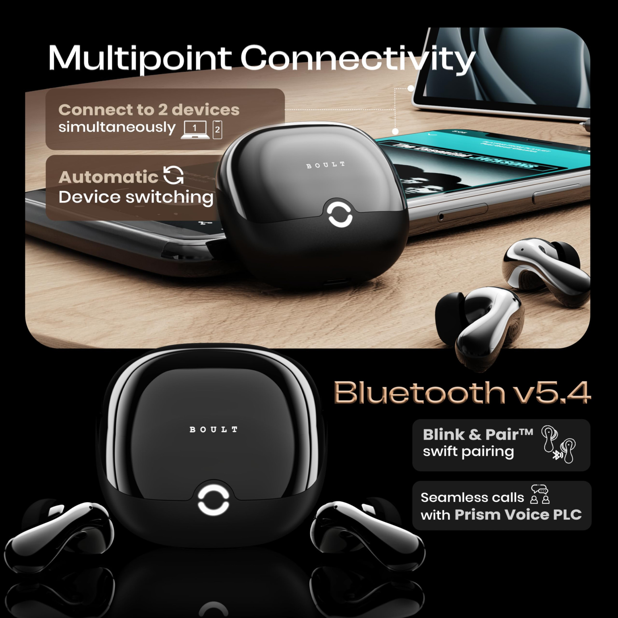 Boult Newly Launched Klarity 1 in Ear TWS Earbuds with 80Hrs Playtime Liquid Metal Body Dual Device Pairing 4 Mics ENC 45ms Low Latency IPX5 13mm Bass Drivers Ear Buds Bluetooth 54 Black