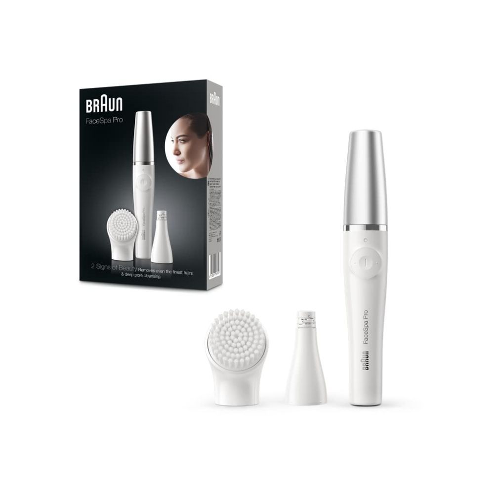 Braun Facespa Pro 910 Facial Epilator 2-in-1 Facial Epilating & Cleansing Brush System for Salon Beauty at Home with 1 extra, White/Silver