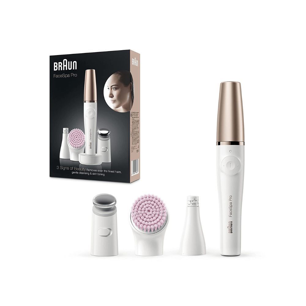 Braun FaceSpa Pro 912 Epilator 3-in-1 Facial Epilating Cleansing and Skin Toning System with 3 Extras and Pink Brush (White/Bronze)