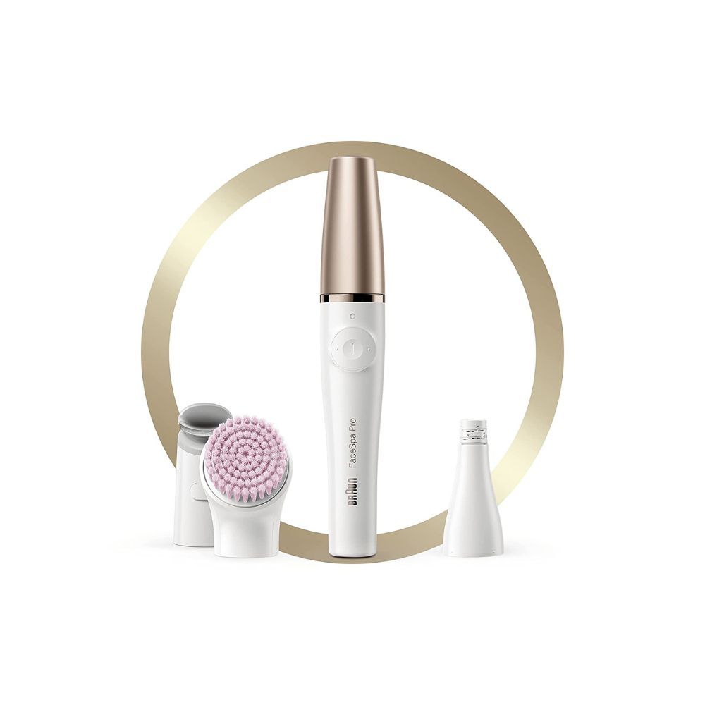 Braun FaceSpa Pro 912 Epilator 3-in-1 Facial Epilating Cleansing and Skin Toning System with 3 Extras and Pink Brush (White/Bronze)