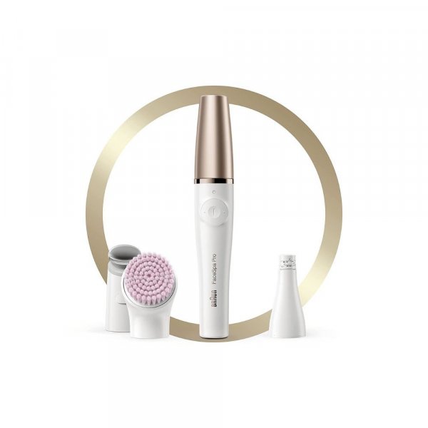 Braun FaceSpa Pro 912 Epilator 3-in-1 Facial Epilating Cleansing and Skin Toning System with 3 Extras and Pink Brush (White/Bronze)
