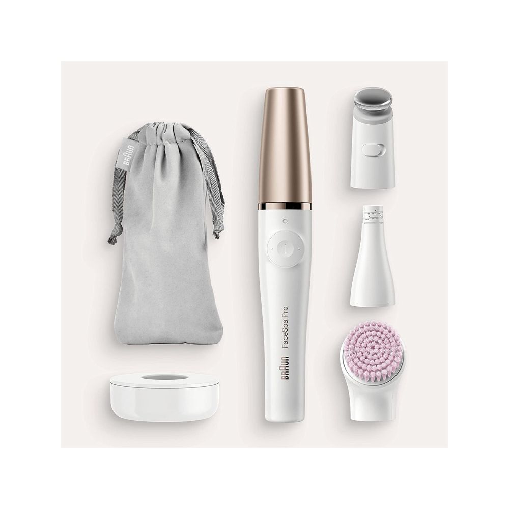 Braun FaceSpa Pro 912 Epilator 3-in-1 Facial Epilating Cleansing and Skin Toning System with 3 Extras and Pink Brush (White/Bronze)