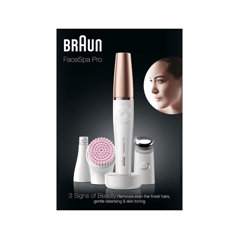 Braun FaceSpa Pro 912 Epilator 3-in-1 Facial Epilating Cleansing and Skin Toning System with 3 Extras and Pink Brush (White/Bronze)