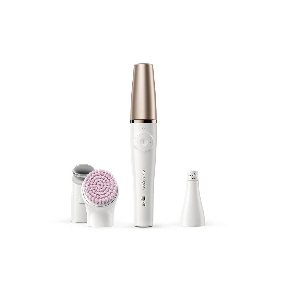 Braun FaceSpa Pro 912 Epilator 3-in-1 Facial Epilating Cleansing and Skin Toning System with 3 Extras and Pink Brush (White/Bronze)