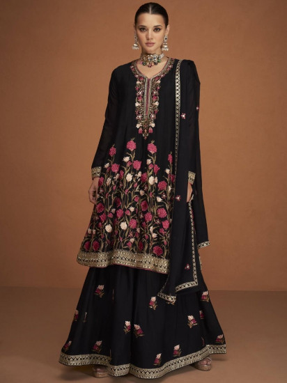 Black Georgette Embroidery Work Sharara suit For Women | zeelpin.com