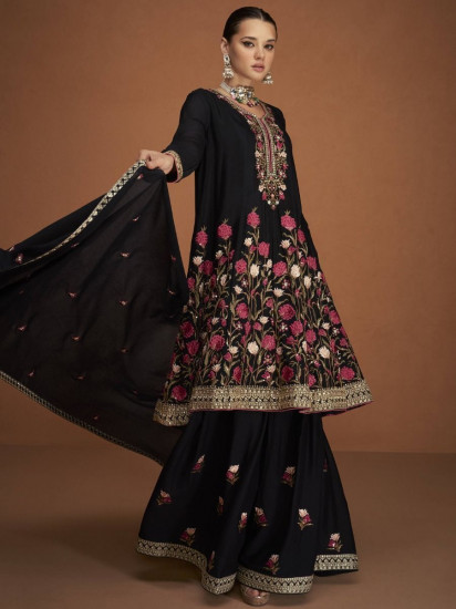 Breathtaking Black Floral Embroidered Chinon Party Wear Sharara Suit