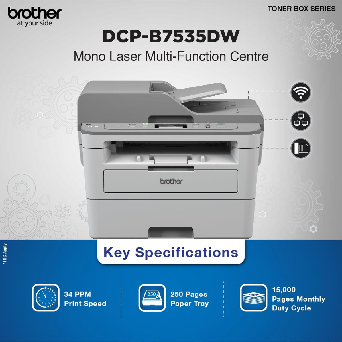 Brother DCP-B7535DW Multi-Function Monochrome Laser Printer with Auto Duplex Printing & Wi-Fi (Toner Box Technology)