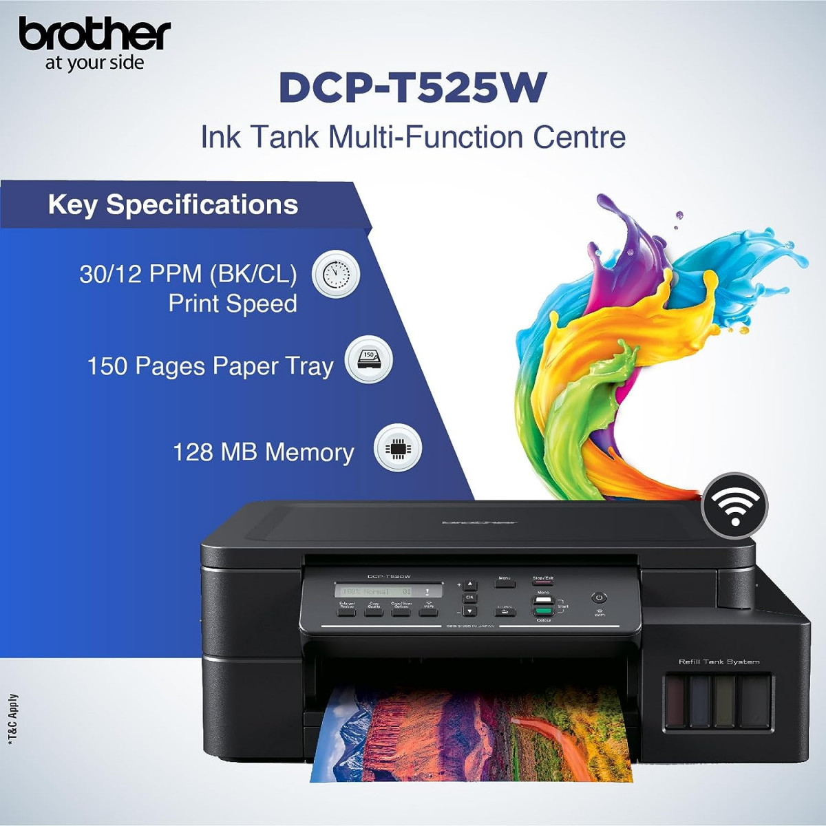 Brother DCP-T525W - Wi-Fi Color Ink Tank Multifunction (Print, Scan & Copy) All in One Printer for Home & Office
