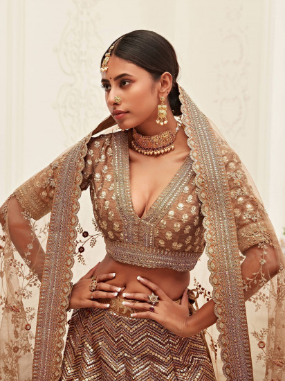 Brown Sequins Embroidered Slub Silk Bridal Wear Lehenga Choli