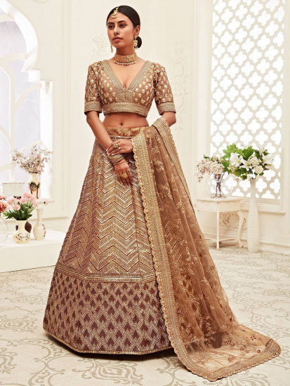 Brown Sequins Embroidered Slub Silk Bridal Wear Lehenga Choli