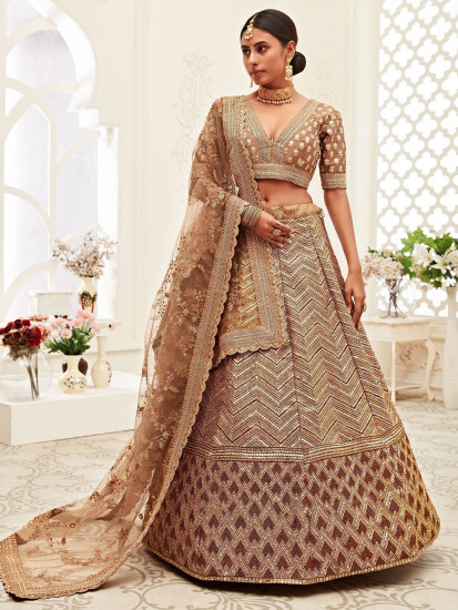 Brown Sequins Embroidered Slub Silk Bridal Wear Lehenga Choli