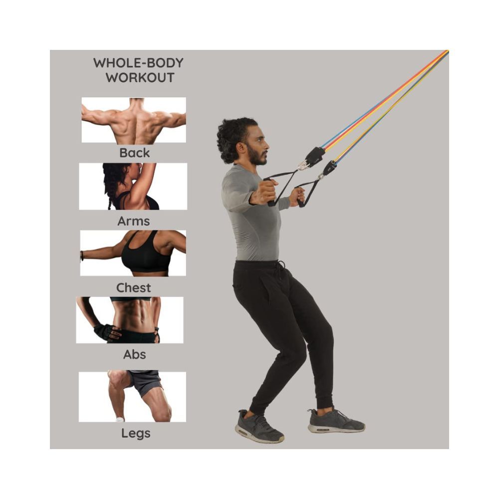Burnlab 11 Piece Set Resistance Exercise Tubes - with Anti Slip Handles, Door Anchor, Ankle Straps