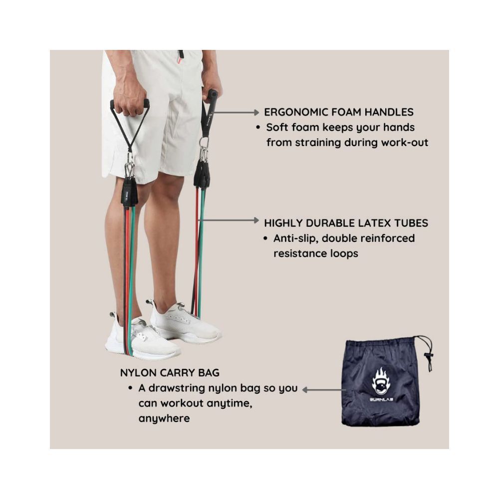 Burnlab 11 Piece Set Resistance Exercise Tubes - with Anti Slip Handles, Door Anchor, Ankle Straps