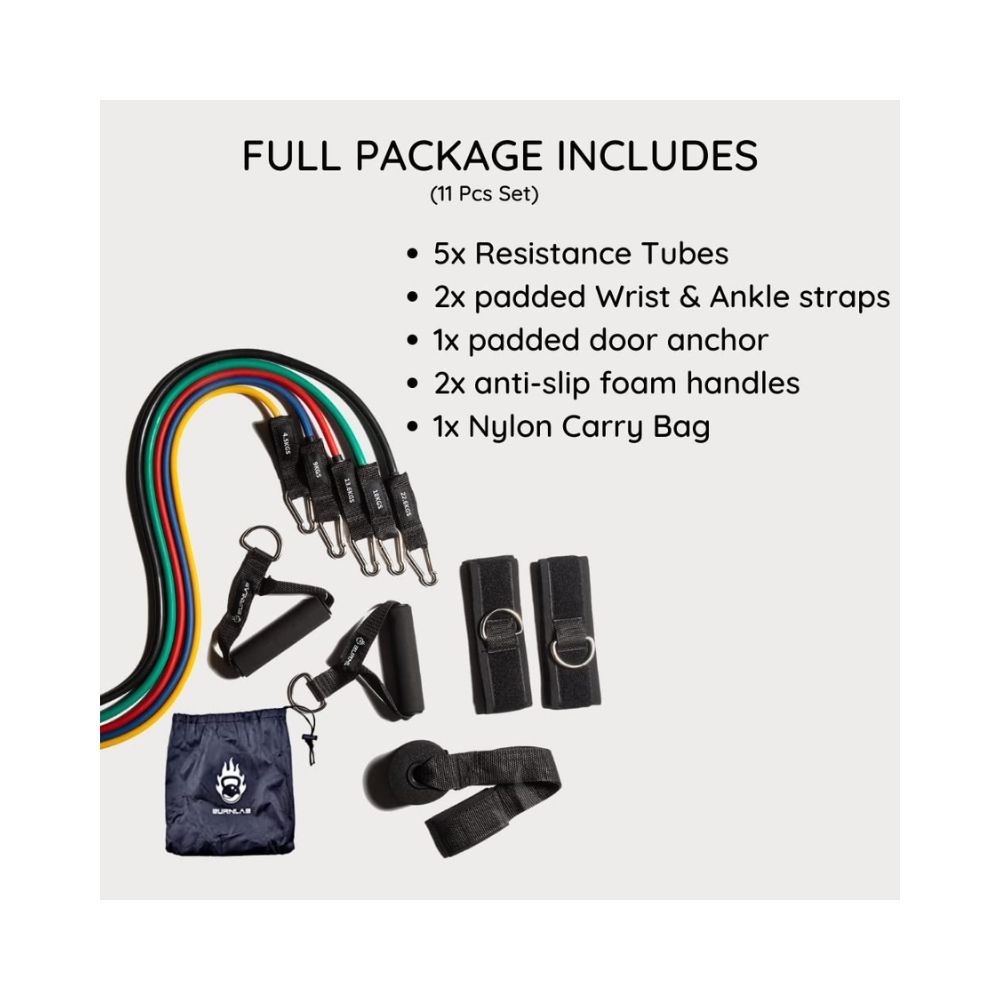 Burnlab 11 Piece Set Resistance Exercise Tubes - with Anti Slip Handles, Door Anchor, Ankle Straps