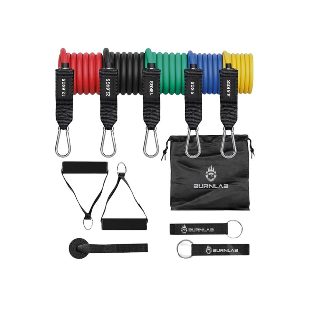 Burnlab 11 Piece Set Resistance Exercise Tubes - with Anti Slip Handles, Door Anchor, Ankle Straps