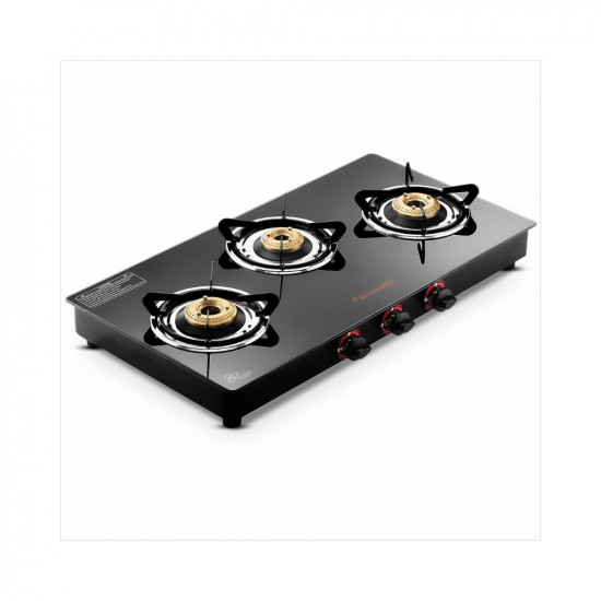 Butterfly Rapid 3B Auto Ignition LPG Glass Top Stove (3 Burners, Black)