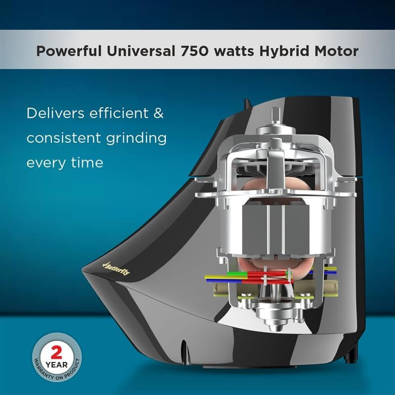 Butterfly Smart 750 Watts Mixer Grinder with 4 Jars 3 Stainless Steel Jars 1 Juicer ABS Body Heavy Duty Motor 2 Years Manufacturers Warranty Grey