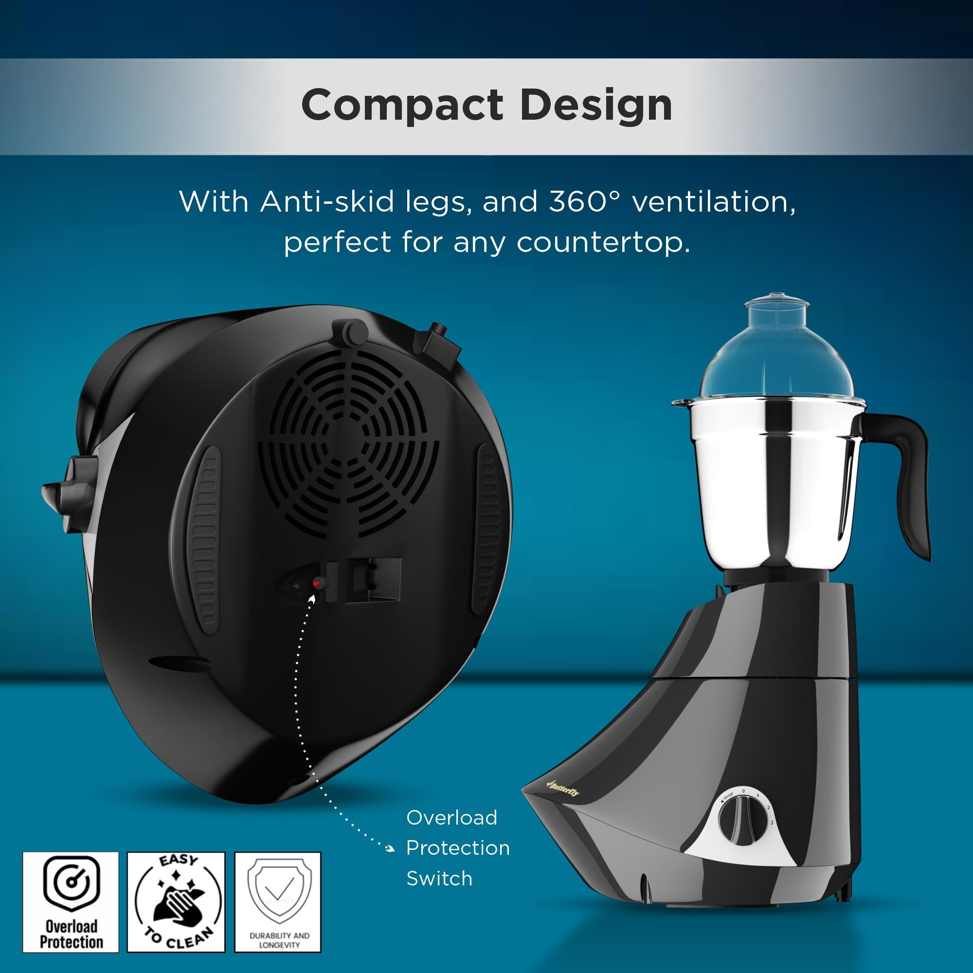 Butterfly Smart 750 Watts Mixer Grinder with 4 Jars 3 Stainless Steel Jars 1 Juicer ABS Body Heavy Duty Motor 2 Years Manufacturers Warranty Grey