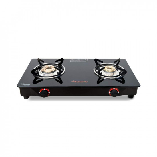 Butterfly Smart Glass Top 2 Burner Open Gas Stove (Black), Manual Ignition