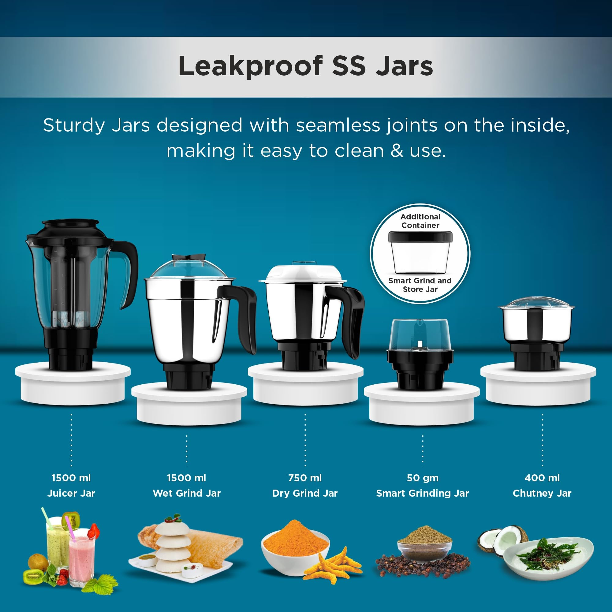 Butterfly Smart Plus 750W Mixer Grinder with 5 Jars Multipurpose Jars - 3 Stainless Steel1 PC Juicer Jar 1 Grind Store Jar Heavy Duty Motor 2 Years Manufacturer Warranty Ink Blue