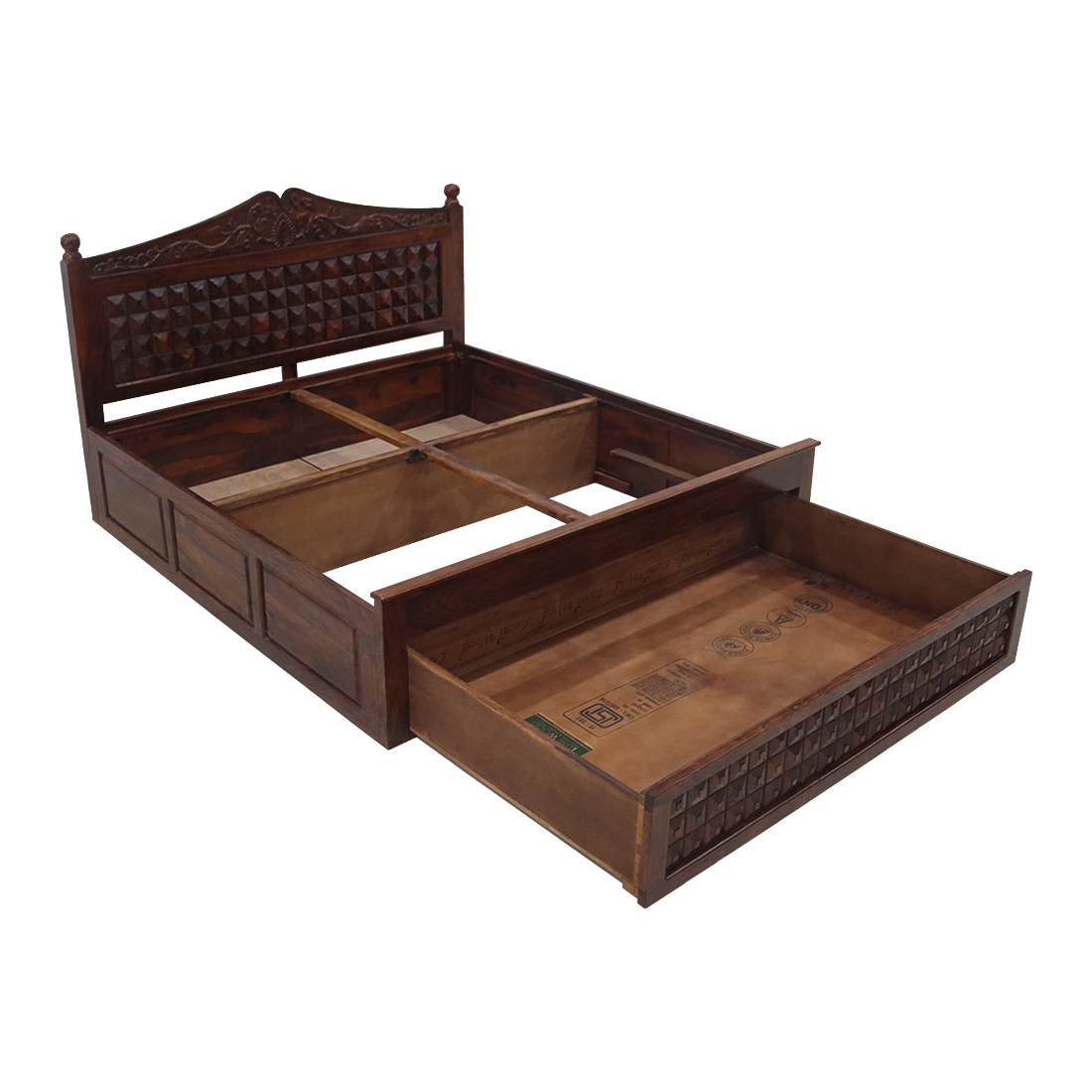 Queen Size Bed Teak Wood Finish - Carvin Head Box Pattam Box Storage