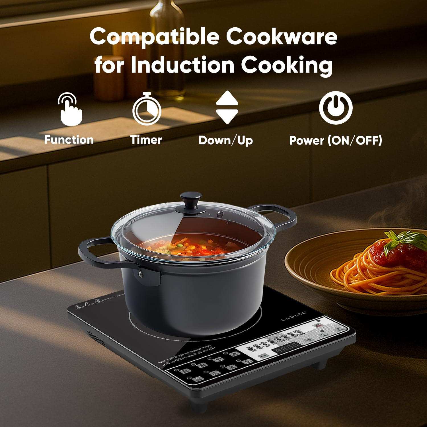 Cadlec CookEase 2000W Induction Cooktop 8 Cooking Modes Auto Shut-Off Over-Heat Protection LED Display BIS Approved 2-Year Warranty Black