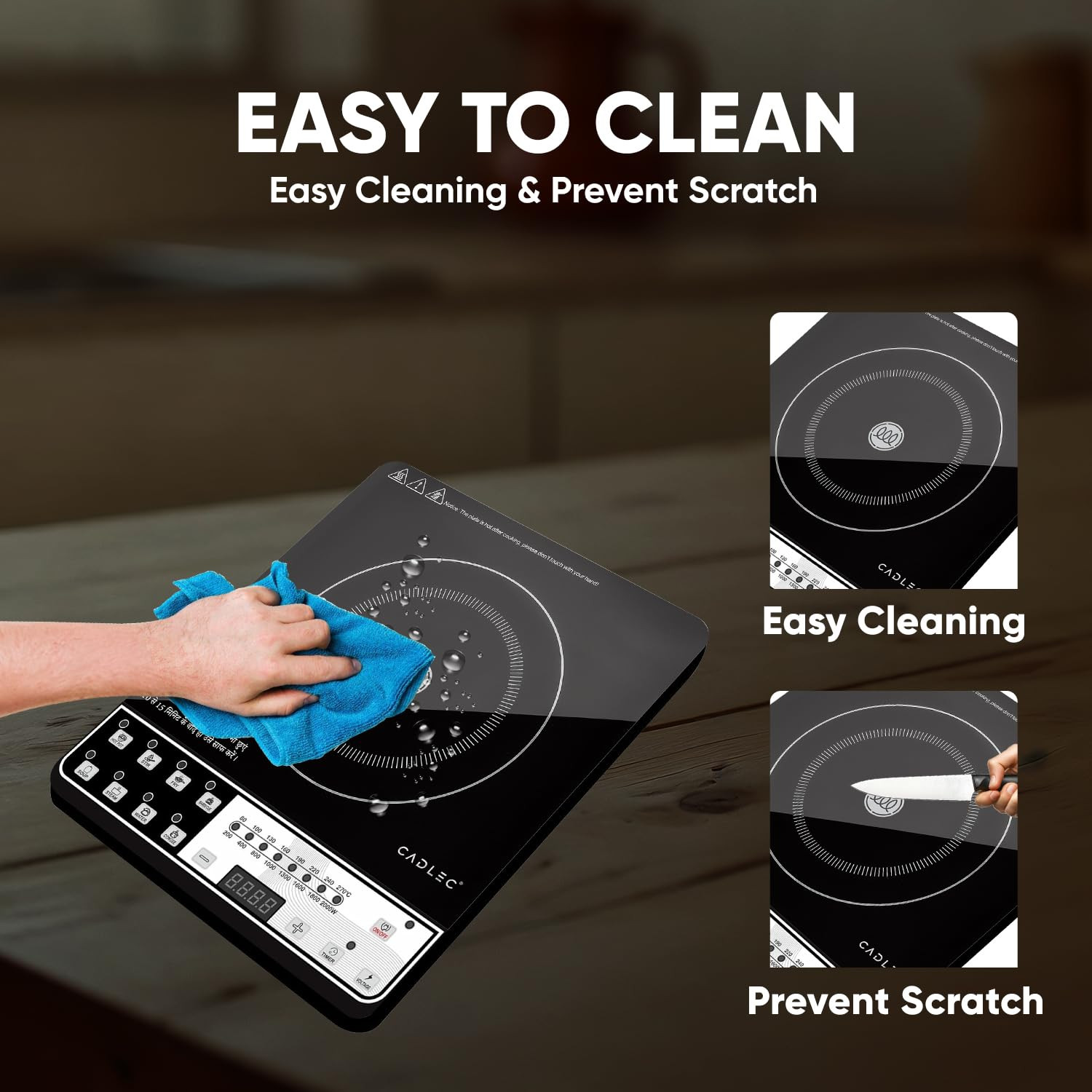 Cadlec CookEase 2000W Induction Cooktop 8 Cooking Modes Auto Shut-Off Over-Heat Protection LED Display BIS Approved 2-Year Warranty Black