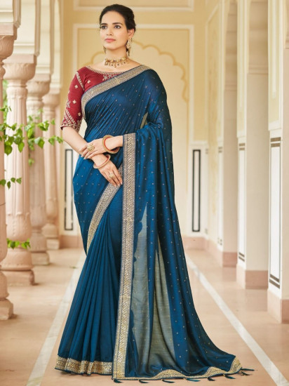 Capricious Blue Sequins Embroidery Vichitra Saree With Blouse(Un-Stitched)