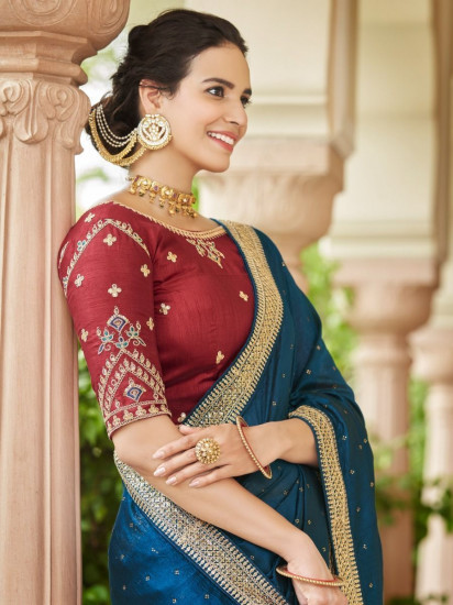 Capricious Blue Sequins Embroidery Vichitra Saree With Blouse(Un-Stitched)