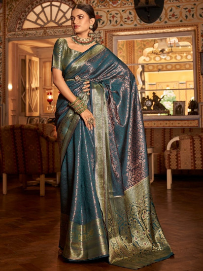 Captivating Olive Blue Zari Weaving Kanjivaram Silk Saree(Un-Stitched)
