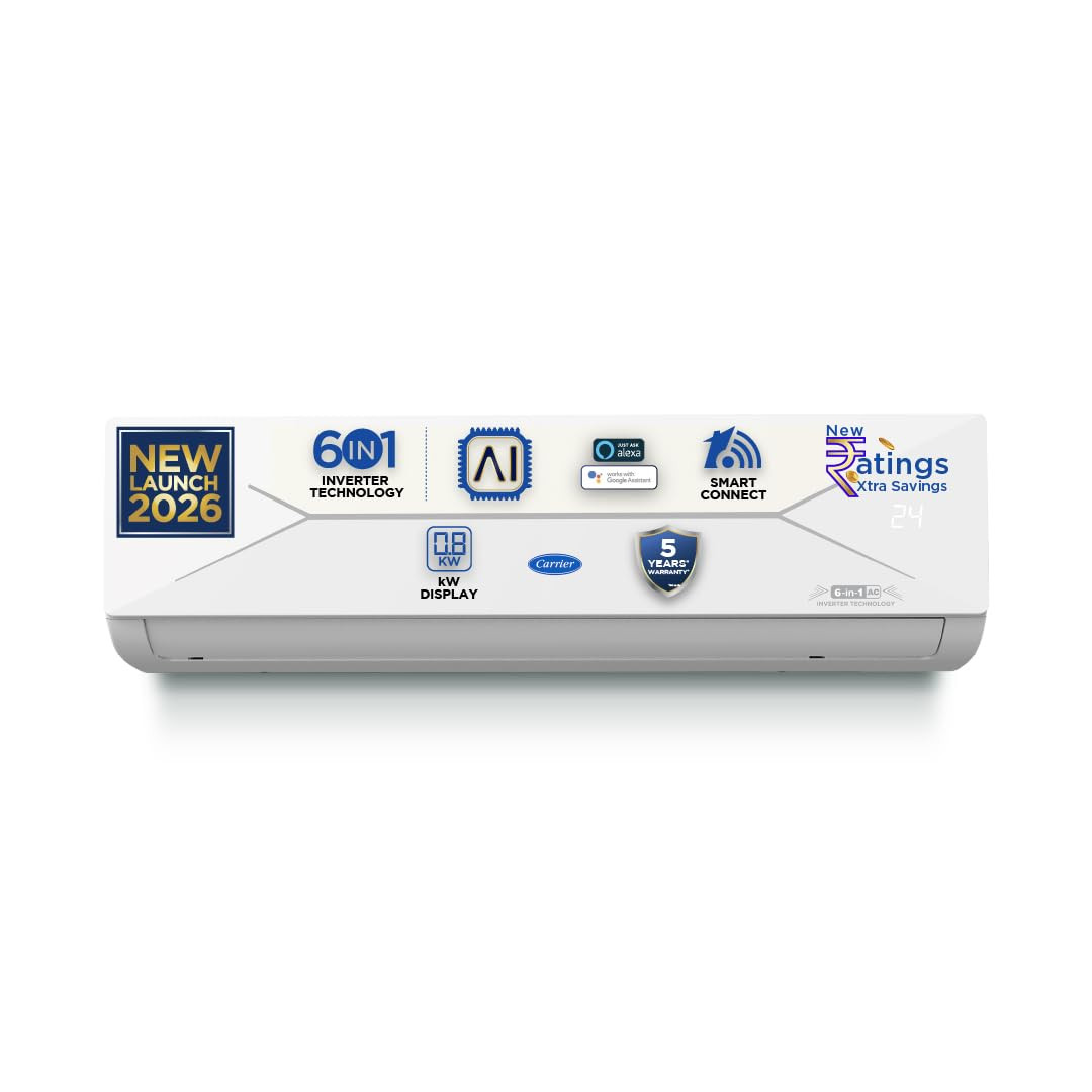 Carrier 15 Ton 3 Star Wi-Fi Smart Flexicool Inverter Split AC Copper Convertible 6-in-1 with Wi-Fi with Geo-Fencing Smart Energy Display 2026 Model ESTER EDGE Gxi WiFi-CAI18EE3R36W1 White
