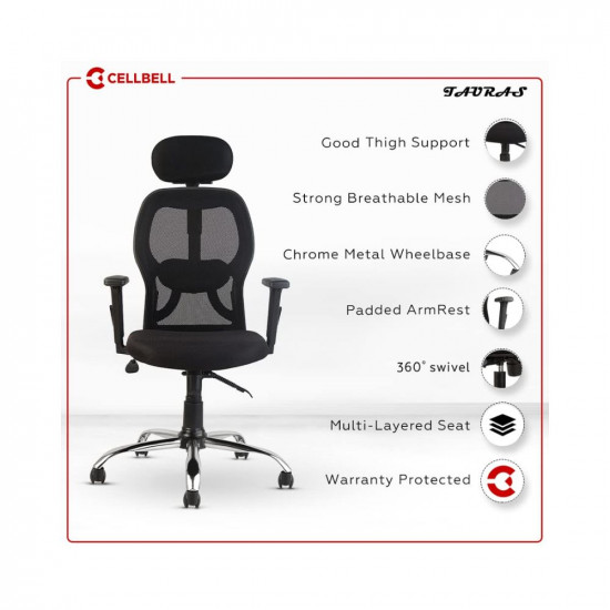 CELLBELL Tauras C100 Mesh High-Back Home & Office Chair/Computer Chair/Revolving Chair/Desk Chair for Work from Home Metal Base Chair [Black]