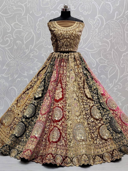 Charismatic Multi-colored Zari Embroidered Velvet Bridal Wear Lehenga Choli
