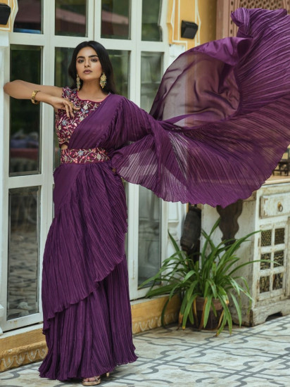 Charismatic Wine Ruffle Work Chinon Party Wear Saree With Blouse(Un-Stitched)