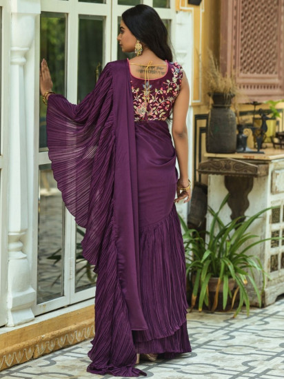 Charismatic Wine Ruffle Work Chinon Party Wear Saree With Blouse(Un-Stitched)