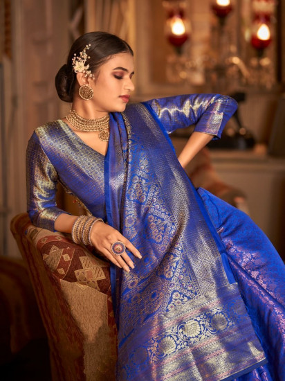 Charming Blue Zari Weaving Kanjivaram Silk Saree With Blouse(Un-Stitched)