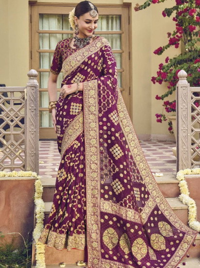 Charming Wine Color Woven Georgette Festival Wear Saree With Blouse(Un-Stitched)