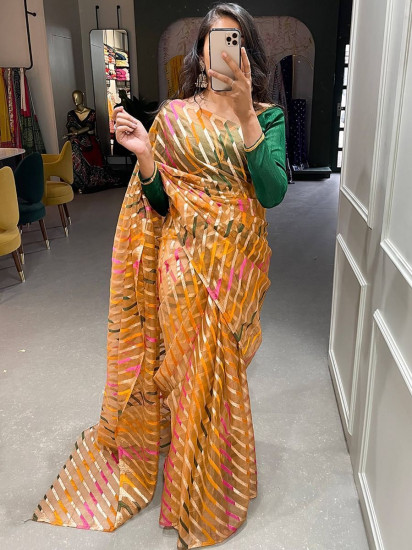 Cheerful Orange Zari Weaved Organza Party Look Saree With Blouse(Un-Stitched)