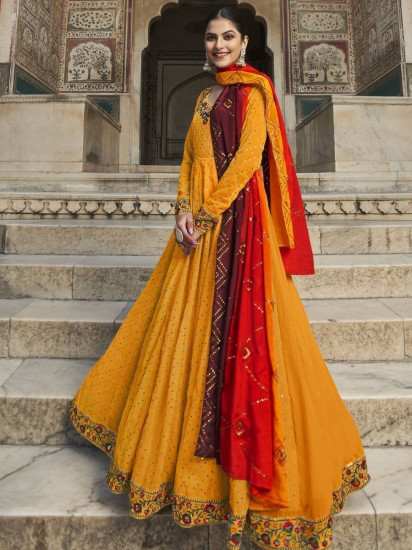 Cherishing Yellow Embroidery Georgette Readymade Festive Gown With Dupatta