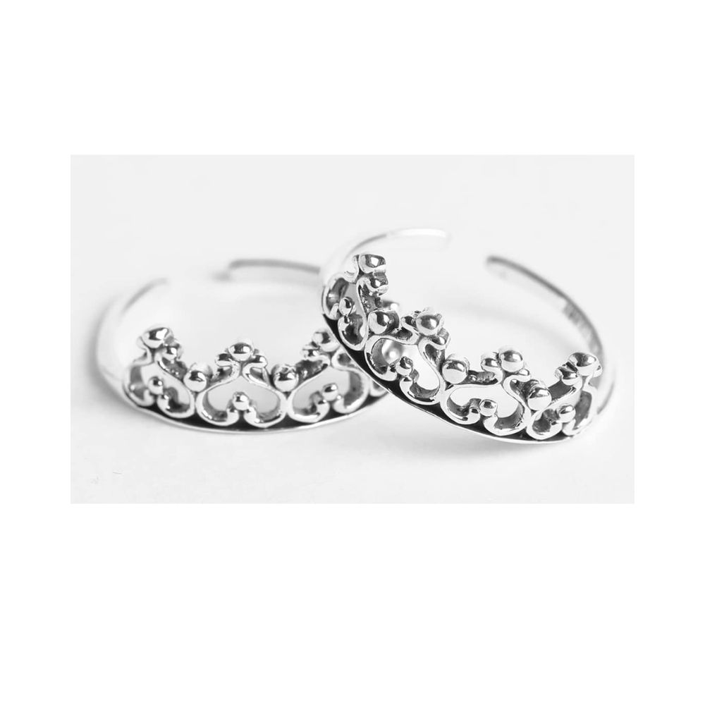 CLARA 925 Sterling Silver Crown Toe Rings Pair | Size Adjustable | Gift for Women and Girls