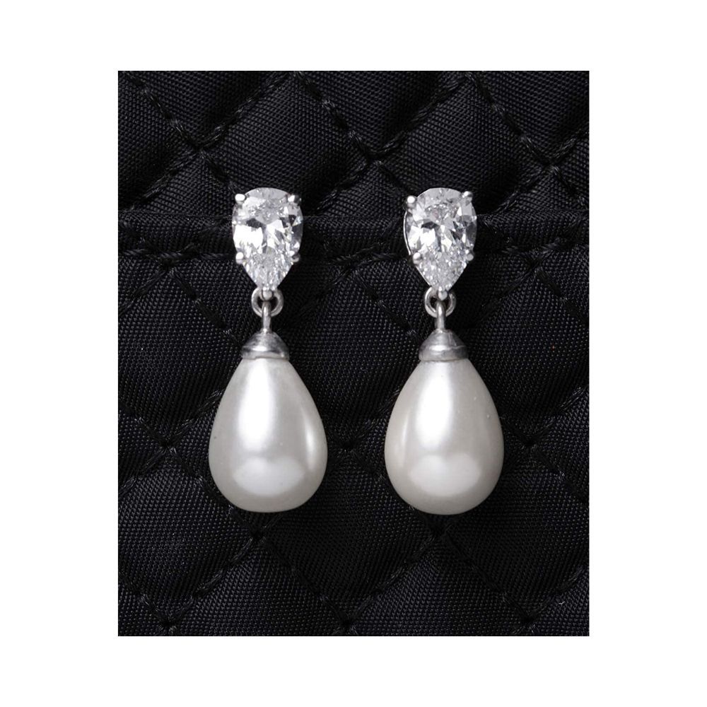 CLARA 925 Sterling Silver Pearl Pear Earrings | Rhodium Plated, Swiss Zirconia, Screw Back