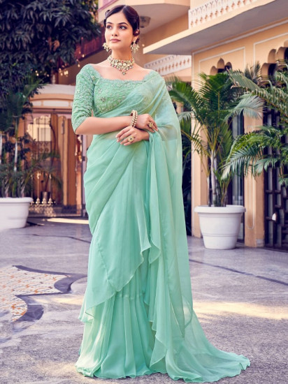 Classy Sea-green Sequins Organza Party Wear Ruffle Saree With Blouse(Un-Stitched)