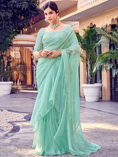 Classy Sea-green Sequins Organza Party Wear Ruffle Saree With Blouse(Un-Stitched)