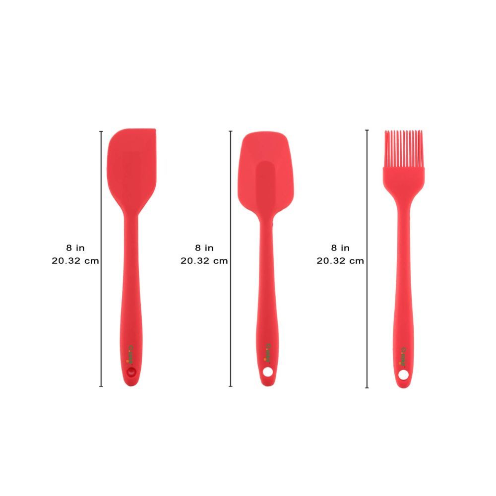Clazkit Premium Silicone Non-Stick Spatula and Brush with Scraper for Cooking, Baking and Mixing with Stainless Steel Core, 3-Pieces,Red,Length 21cm
