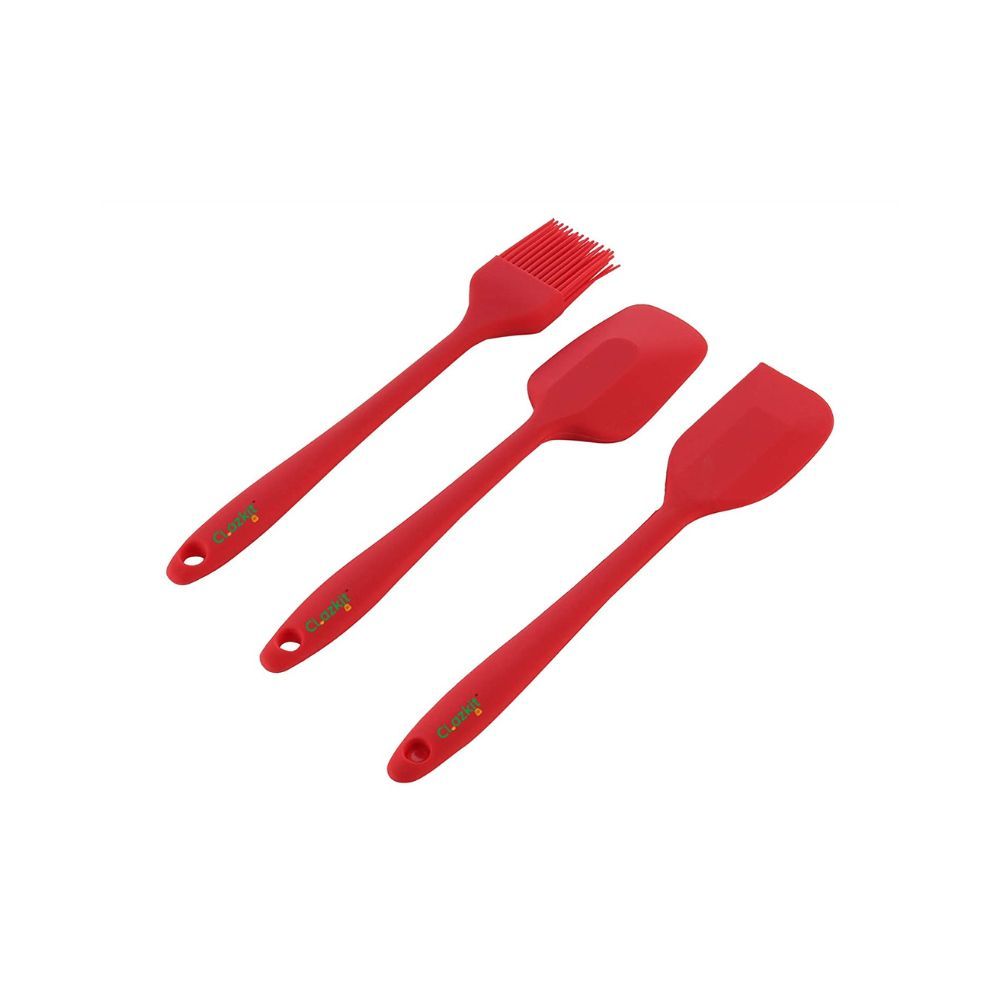 Clazkit Premium Silicone Non-Stick Spatula and Brush with Scraper for Cooking, Baking and Mixing with Stainless Steel Core, 3-Pieces,Red,Length 21cm