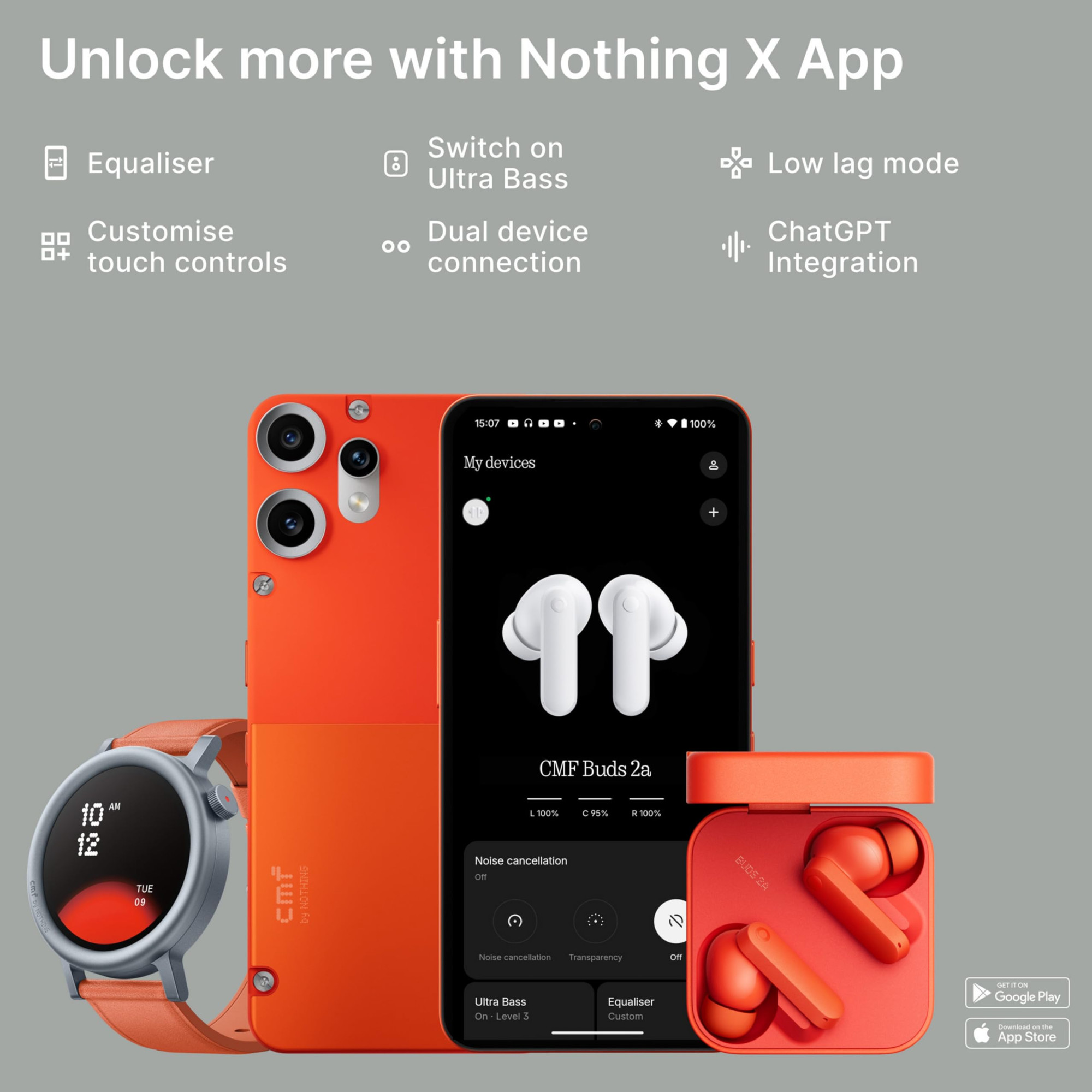 CMF BY NOTHING Buds 2a Light Grey  42 dB ANC  124mm Dirac-Tuned Drivers  Ultra Bass  355 Hrs Playback  Bluetooth 54  Fast Charging  IPX4 TWS Earbuds with Mic