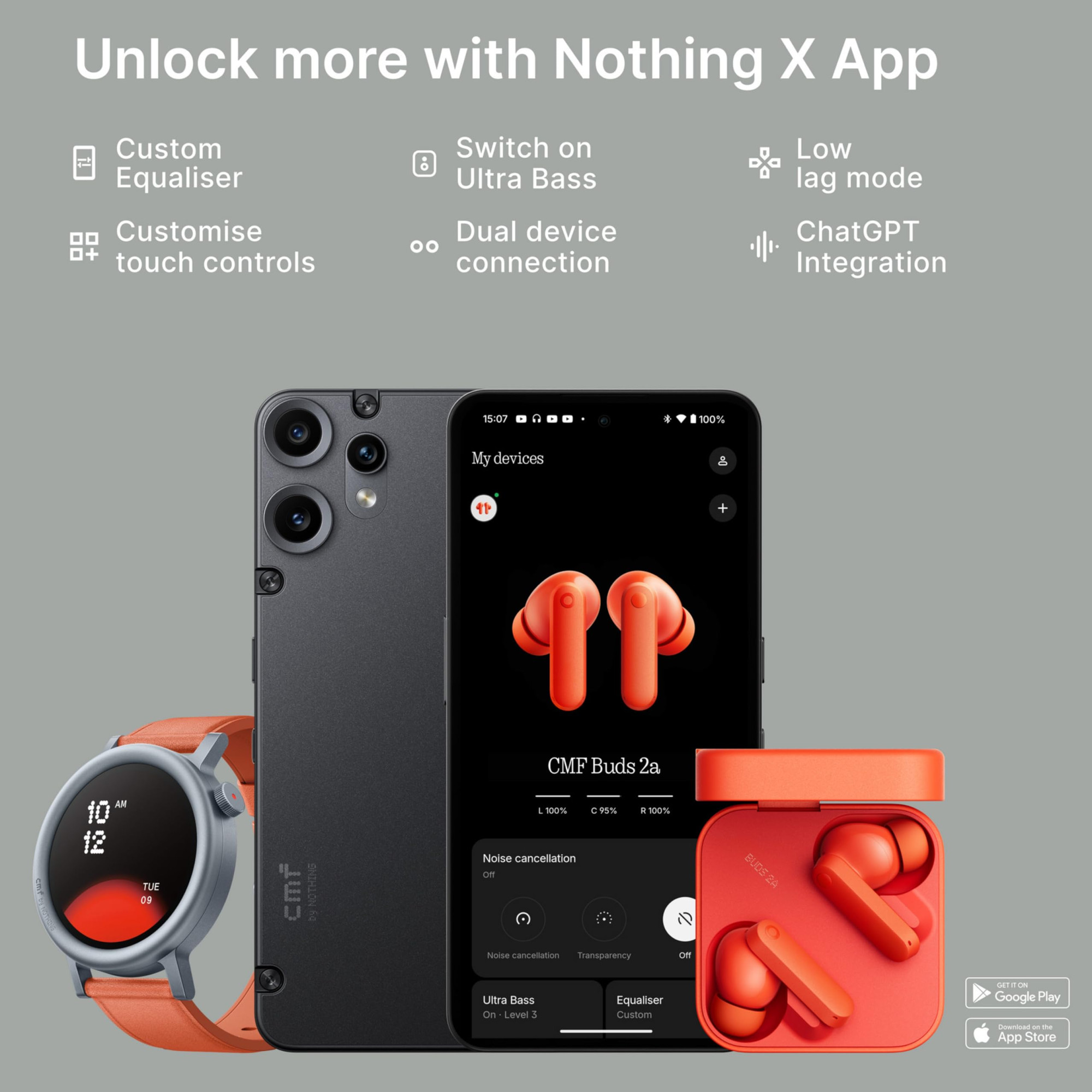CMF BY NOTHING Buds 2a Orange  42 dB ANC  124mm Dirac-Tuned Drivers  Ultra Bass  355 Hrs Playback  Bluetooth 54  Fast Charging  IPX4 TWS Earbuds with Mic