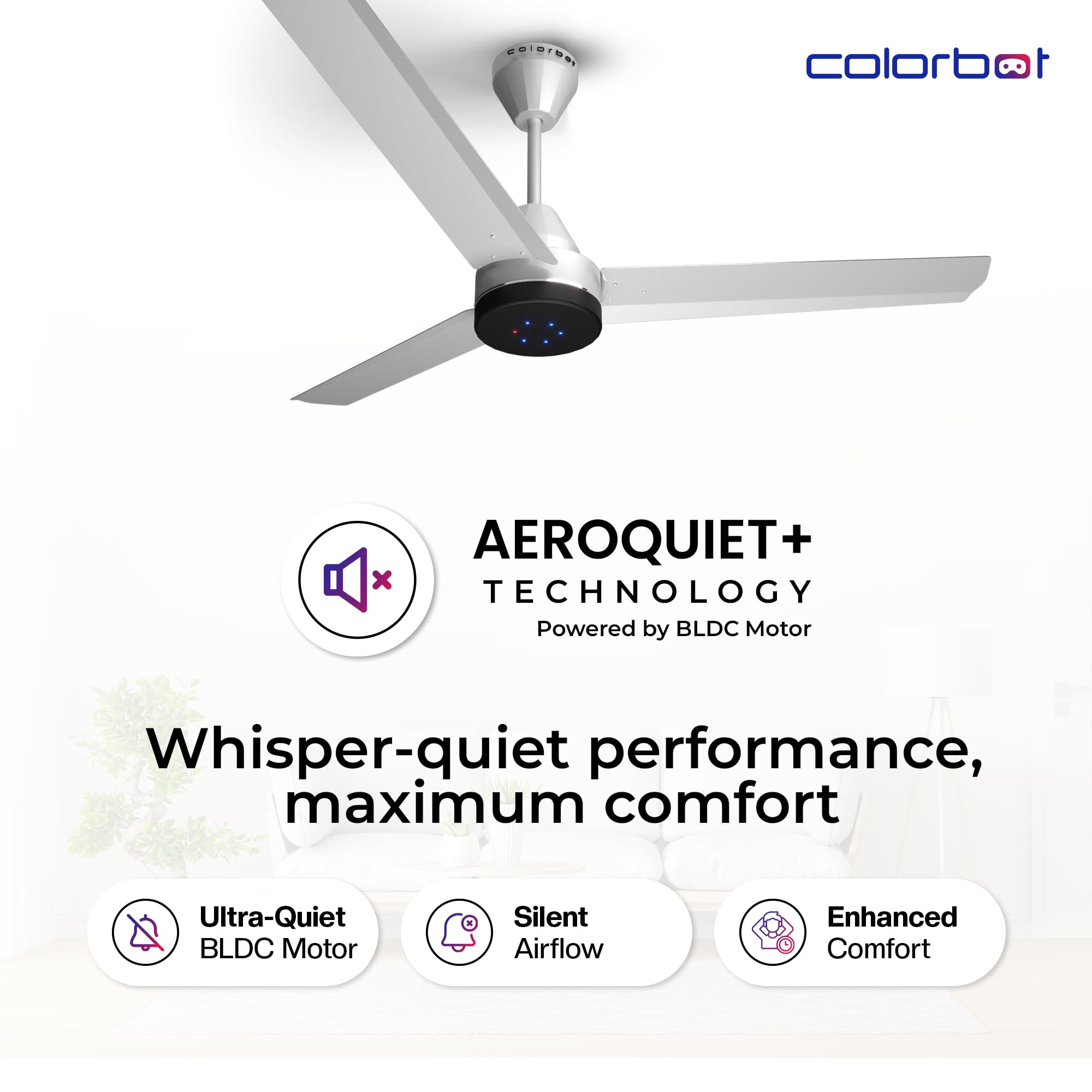 Colorbot Stella BLDC Ceiling Fans 1200mm BEE 5 Star Rated Power Saver AeroQuiet Technology 370 RPM Remote Control Boost Timer LED Reverse Mode 4 Years Warranty Arctic White