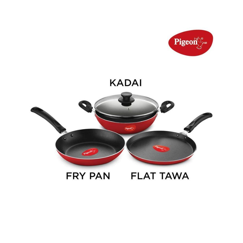 Cookware Gift Set, Includes Nonstick Flat Tawa, Nonstick Fry Pan, Kitchen Tool Set, Nonstick Kadai With Glass Lid (Red)